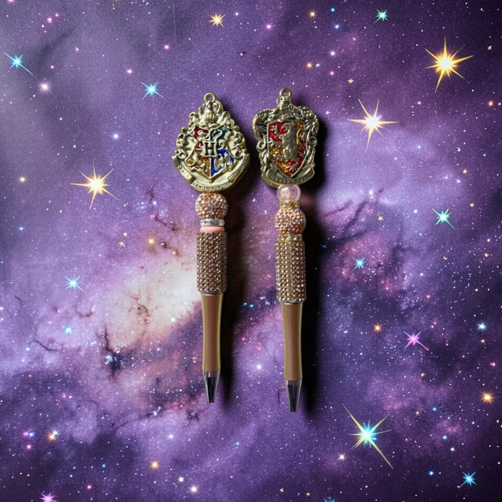 Embellished Gryffindor & Hogwarts Crest Pens - Gold and Pink Accents (left only)